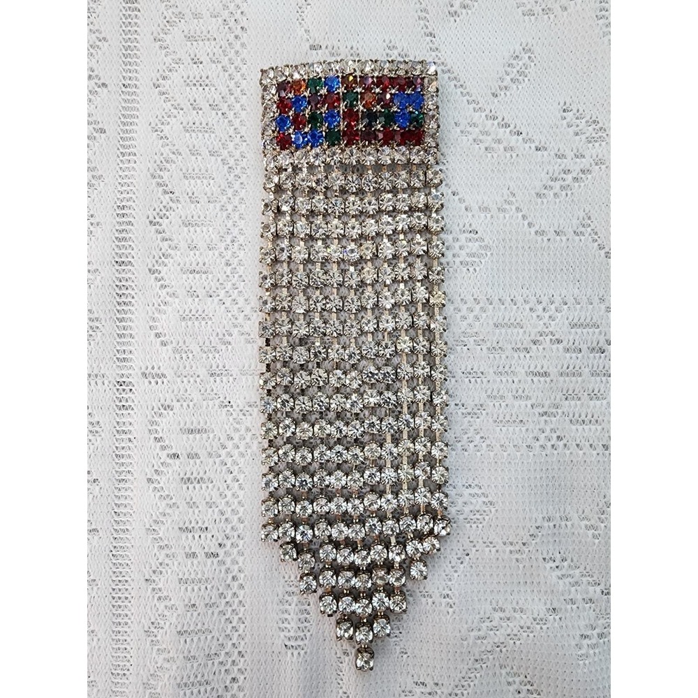 Vintage Shoulder Duster Brooch Waterfall Rhinestone Mid Century Patriotic Pin